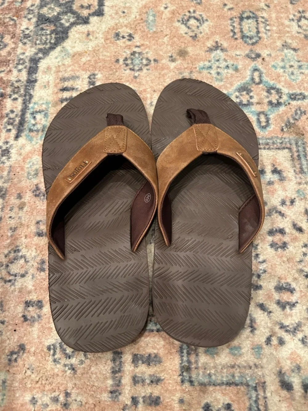Flojos Mens  Brown Leather-Trim Flip Flops